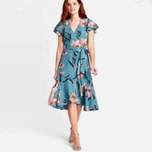 a new day Floral Wrap Dress Butterfly Sleeve Teal Pink Belted Plunge Neck Size 2